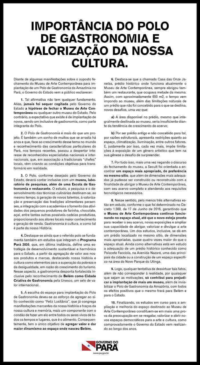 Comunicado do Governo do Pará publicado na mídia de Belém